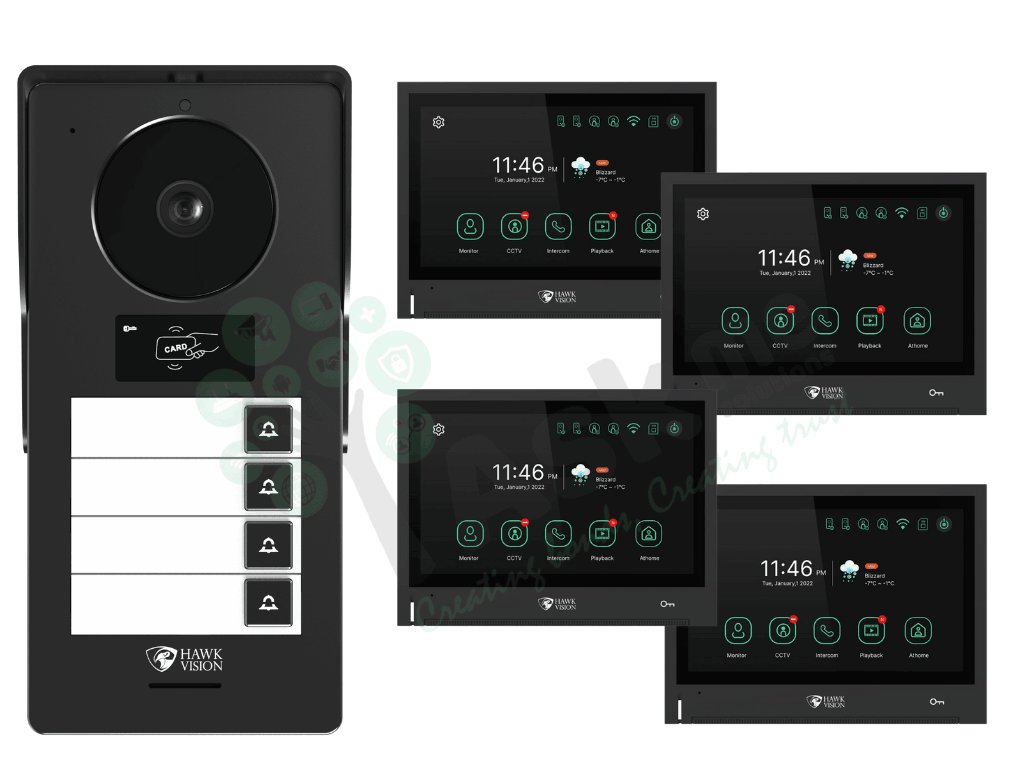 Hawk Vision HV-IP-VH-104 FOUR BELL OUTDOOR STATION + 4 Hawk Vision HV-IP-805 8 Inch INDOOR STATION