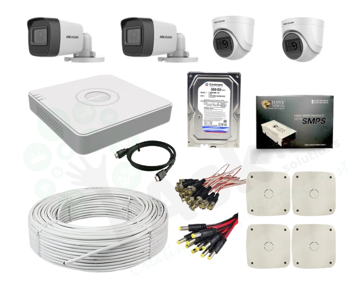 HIKVISION 4 Channel DVR with 2MP 2 Bullet Cameras + 2MP 2 Dome cameras + CONSISTENT 500GB HDD + RODEL (3+1) Cable roll + HAWKVISION 4 CH Power Supply + Askmesolutions junction box 4x4 + BNC & DC + HDMI 1.5mtr Cable Full Combo Kit