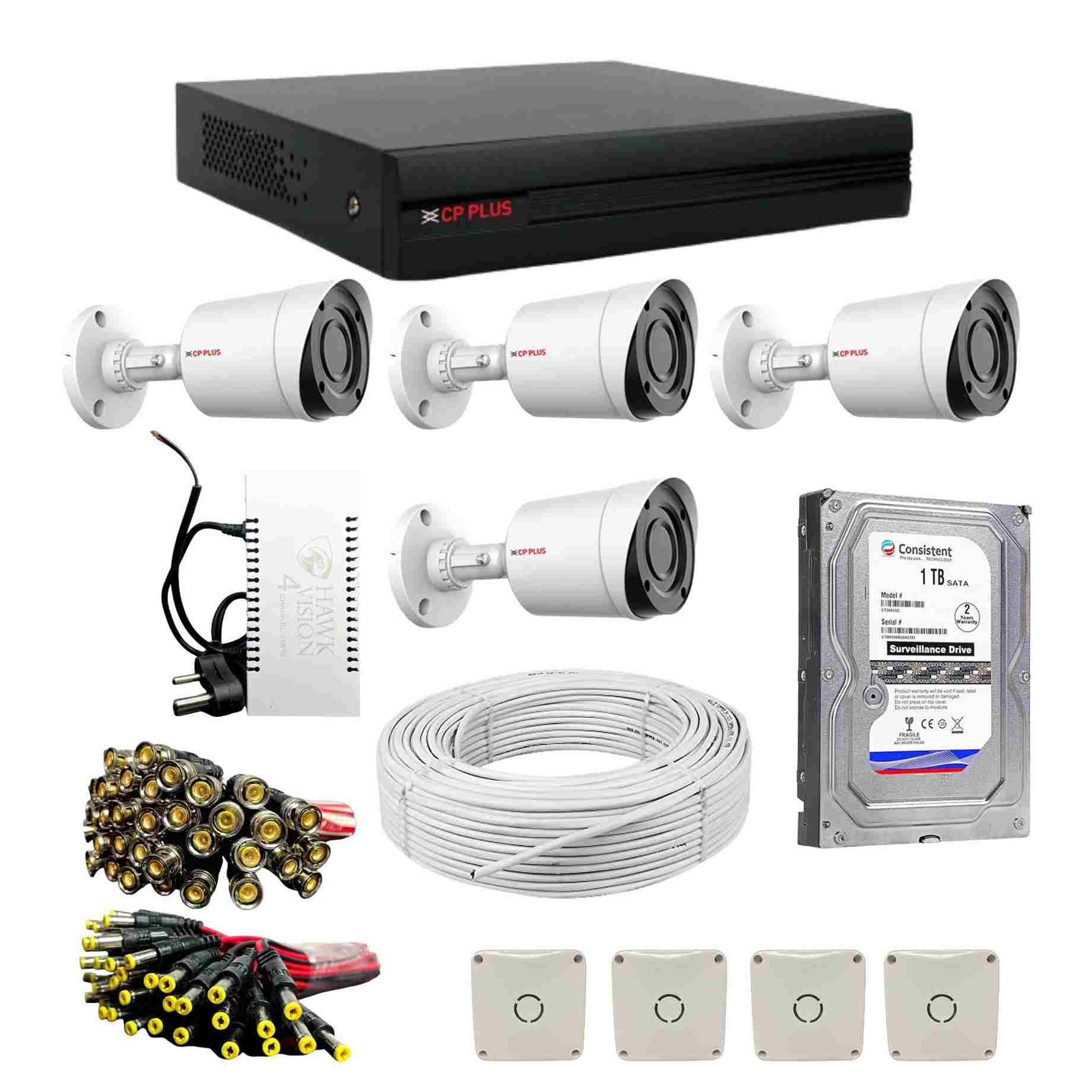 CP PLUS 2.4MP Wired 1080P HD Bullet Cameras CP-USC-TA24L2 Combo Set with 4Ch DVR, 4 Bullet Cameras, 1TB HDD, Power Supply, 90 Mtr Cable, 4 Junction Box, BNC & DC Connectors