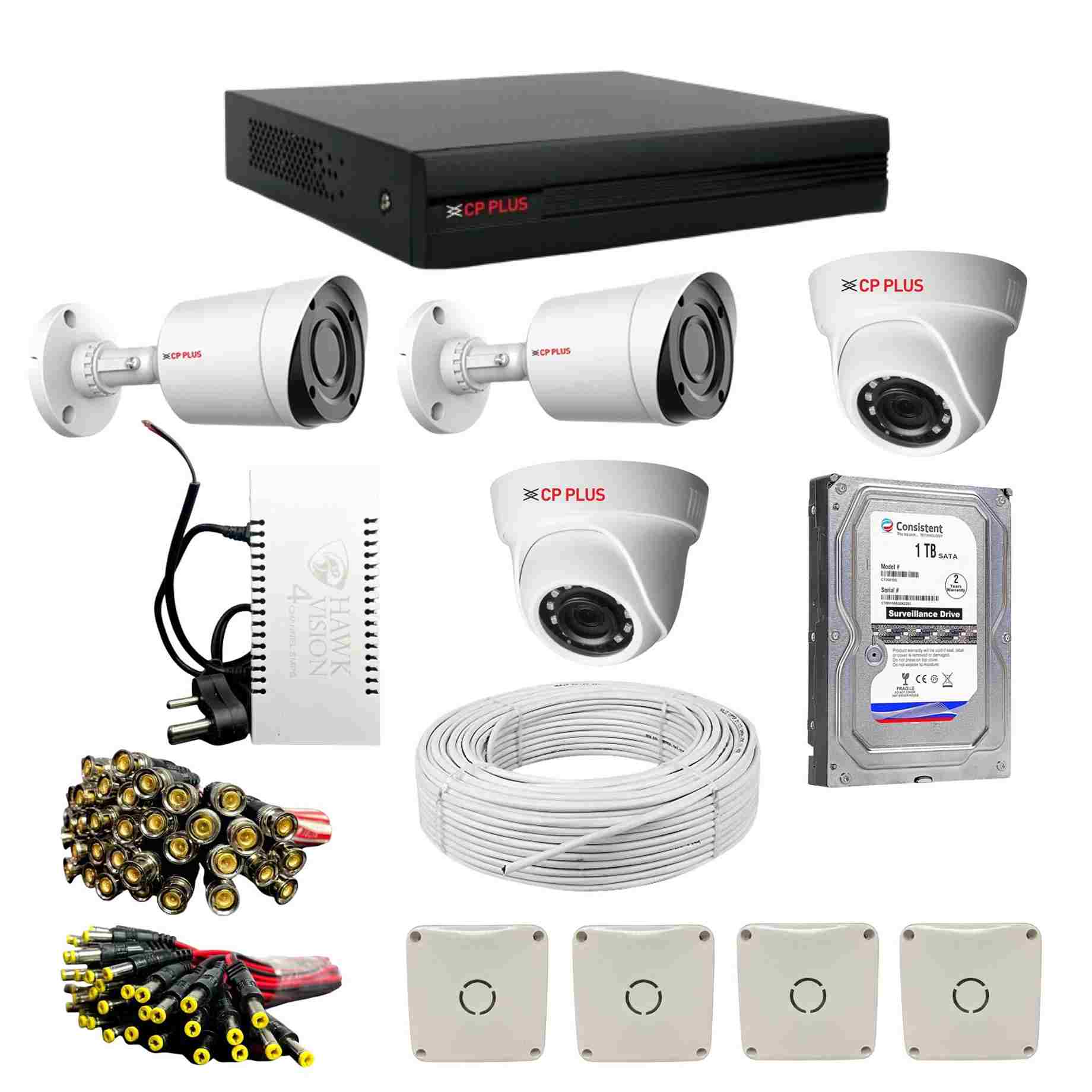 CP Plus 4 Channel DVR with 2.4MP Wired 1080P HD 2 Bullet & 2 Dome Cameras, 1TB HDD, Power Supply, 90 Mtr Cable, BNC & DC Connectors