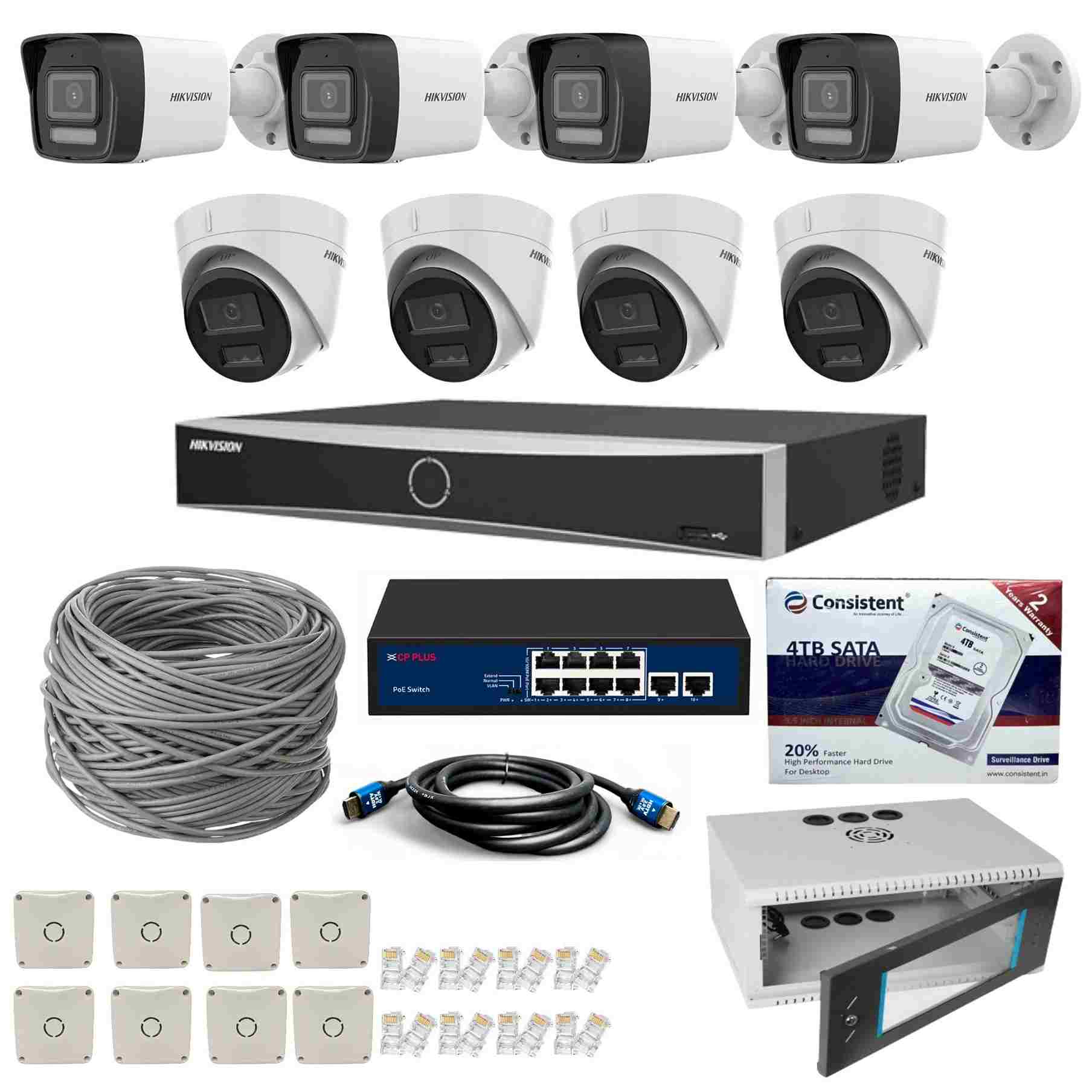 Hikvision 8 Channel DS-7608NXI-K1 NVR with 2MP IP Smart Hybrid 4 Bullet DS-2CD1023G2-LIU & 4 Dome Cameras DS-2CD1323G2-LIU + 4 TB HDD + 2 Roll Cat6 100M Cable  + 8 Port POE Switch + 4U Rack + 3M HDMI Cable + Junction Box 8 Pc & RJ45 16 Pc Full Combo Kit