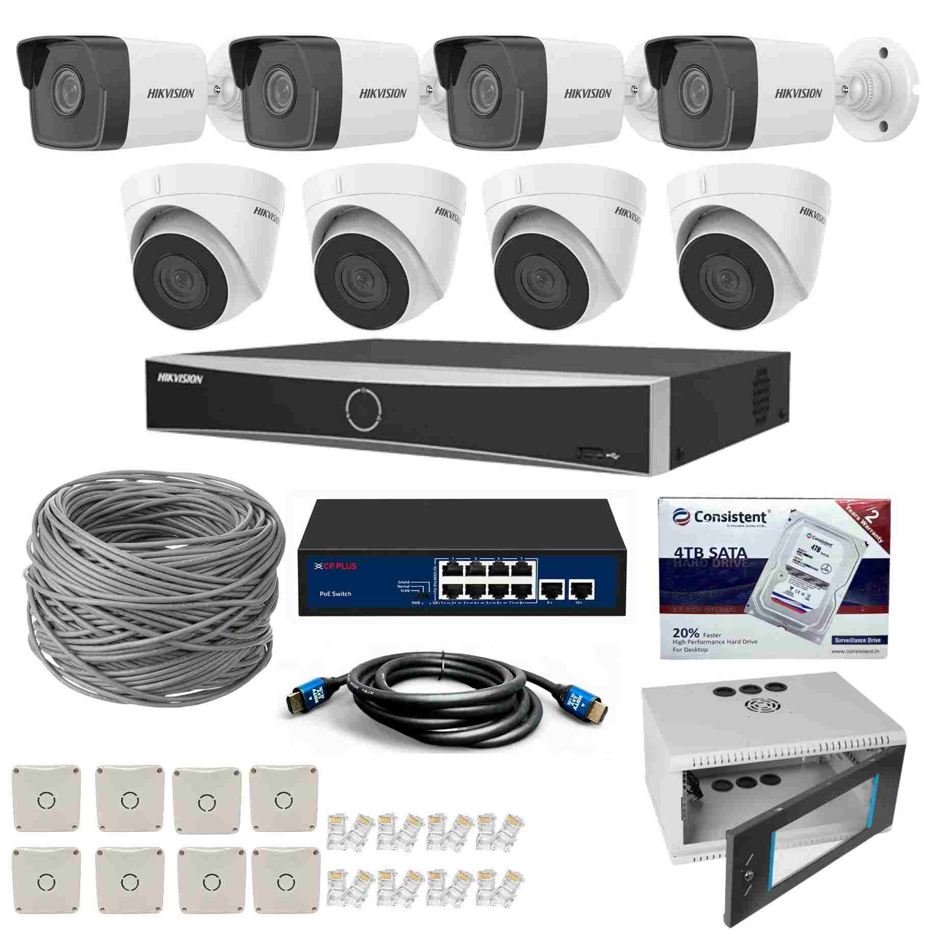 Hikvision 8 Channel DS-7608NI-Q1 NVR with 2MP IP 4 Bullet DS-2CD1023G0E-I & 4 Dome Cameras DS-2CD1323G0E-I + 4 TB HDD + 2 Roll Cat6 100 meter Cable  + 8 Port POE Switch + 4U Rack + 3M HDMI Cable + Junction Box 8 Pc & RJ45 16 Pc Full Combo Kit