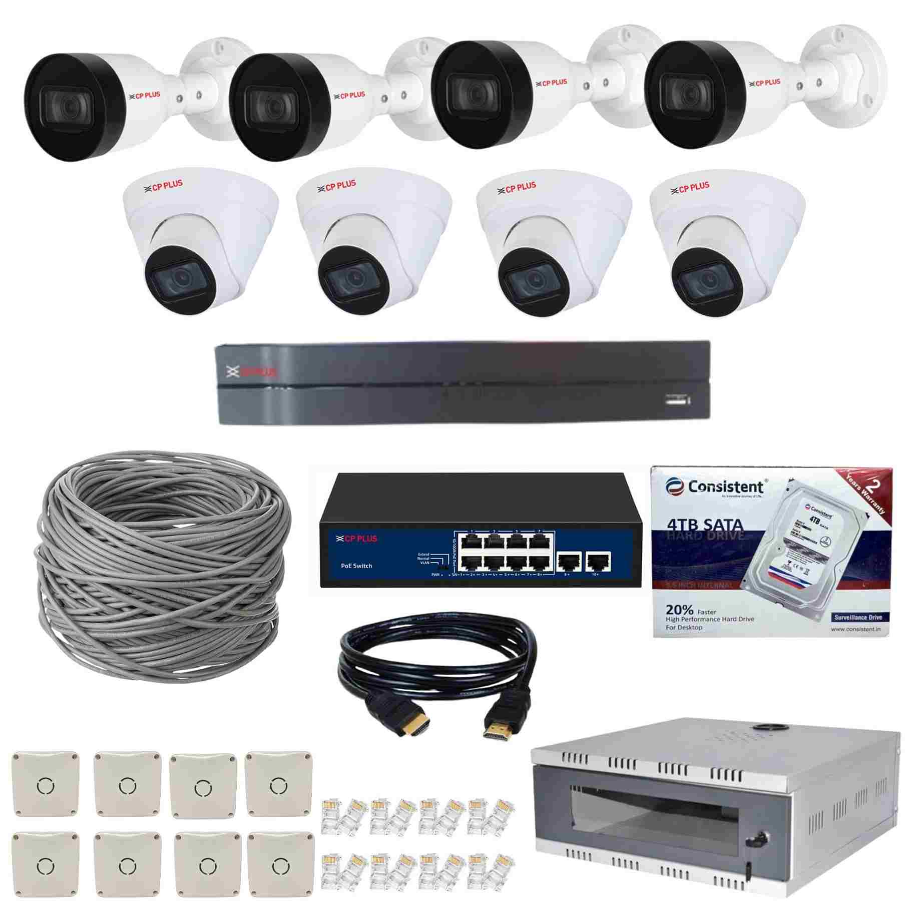 CP Plus 8 Channel NVR with 2MP IP 4 Audio Bullet CP-UNC-TA21PL3C & 4 Audio Dome Cameras CP-UNC-DA21PL3C + 4 TB HDD + 2 Roll Cat6 100 meter Cable  + 8 Port POE Switch + 2U Rack + 3M HDMI Cable + Junction Box 8 Pc & RJ45 16 Pc Full Combo Kit