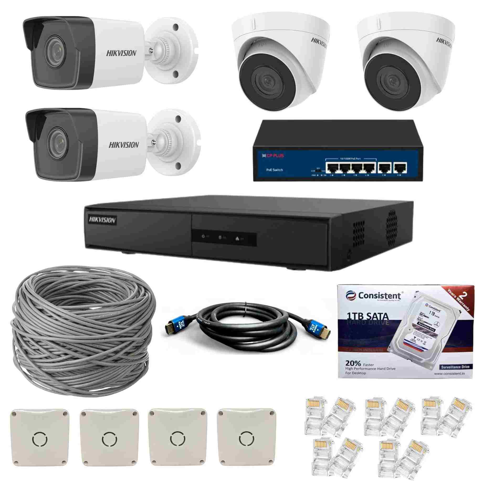 Hikvision 4 Channel NVR DS-7604NI-Q1 with 2MP IP 2 Bullet DS-2CD1023G0E-I & 2 Dome Cameras DS-2CD1323G0E-I + 1 TB HDD + 1 Roll Cat6 100 meter Cable  + 4 Port POE Switch + 2U Rack + 3M HDMI Cable + Junction Box 4 Pc & RJ45 10 Pc Full Combo Kit