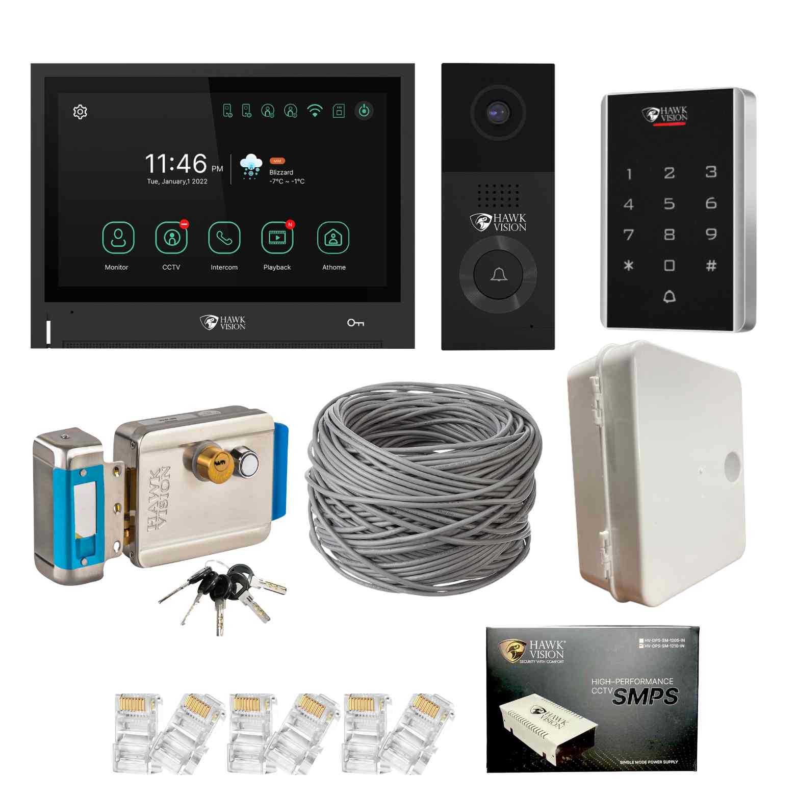 Hawk Vision IP Network Video Door Phone HV-IPK-VL-802 + Stainless Steel Electronic Lock + RFID Access Control + 100m Cat6 Wire