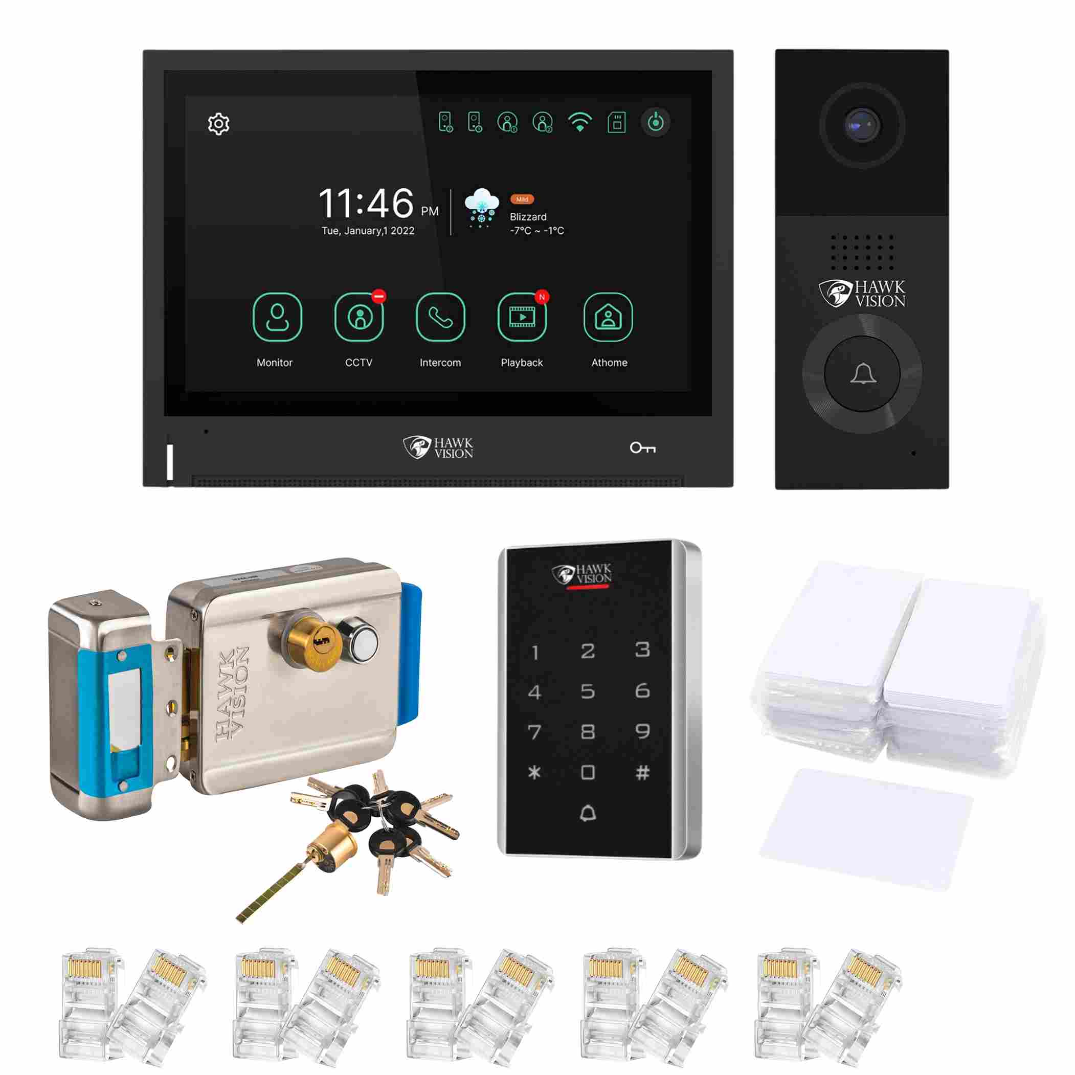 Hawk Vision IP Network Video Door Phone HV-IPK-VL-802 VDP Setup + 8 Keys Electronic Stainless Steel Lock + RFID Access Control + 6 RFID Cards + 10 RJ45 Connectors