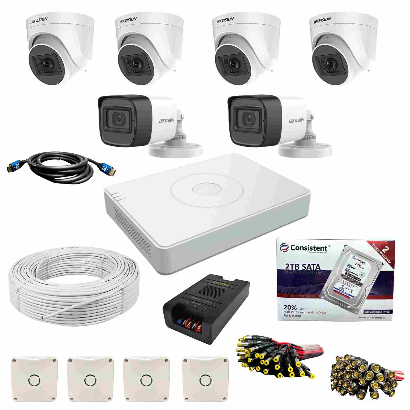 Hikvision 16 Channel DVR iDS-7116HQHI-M1/S with 5MP 4 Audio Dome Cameras + 5MP 2 Audio Bullet Cameras + 2TB HDD + 1.5M HDMI + (3+1) 90 Mtr Cable roll + 16 Ch Power Supply + 4x4 Junction Box + BNC & DC Full Combo Kit