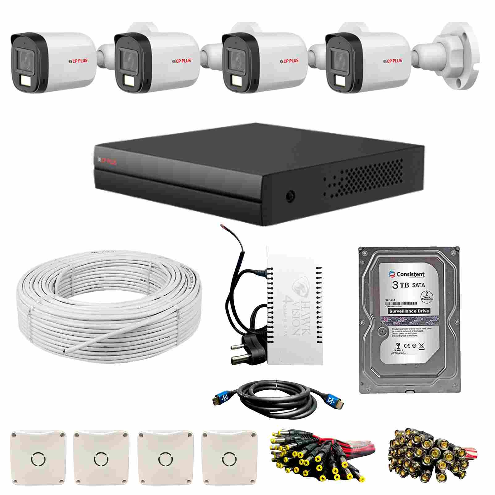 CP PLUS 2.4MP Dual Light Audio Bullet Camera CP-URC-TC24PL3C-L Combo Set with 4Ch DVR, 4 Bullet Cameras, 3TB HDD, Power Supply, 90 Mtr Cable, 1.5M 4K HDMI, 4 Junction Box, BNC & DC Connectors