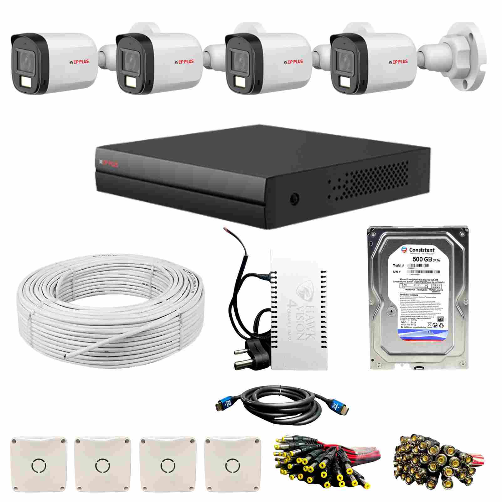 CP PLUS 2.4MP Dual Light Audio Bullet Camera CP-URC-TC24PL3C-L Combo Set with 4Ch DVR, 4 Bullet Cameras, 500GB HDD, Power Supply, 90 Mtr Cable, 1.5M 4K HDMI, 4 Junction Box, BNC & DC Connectors