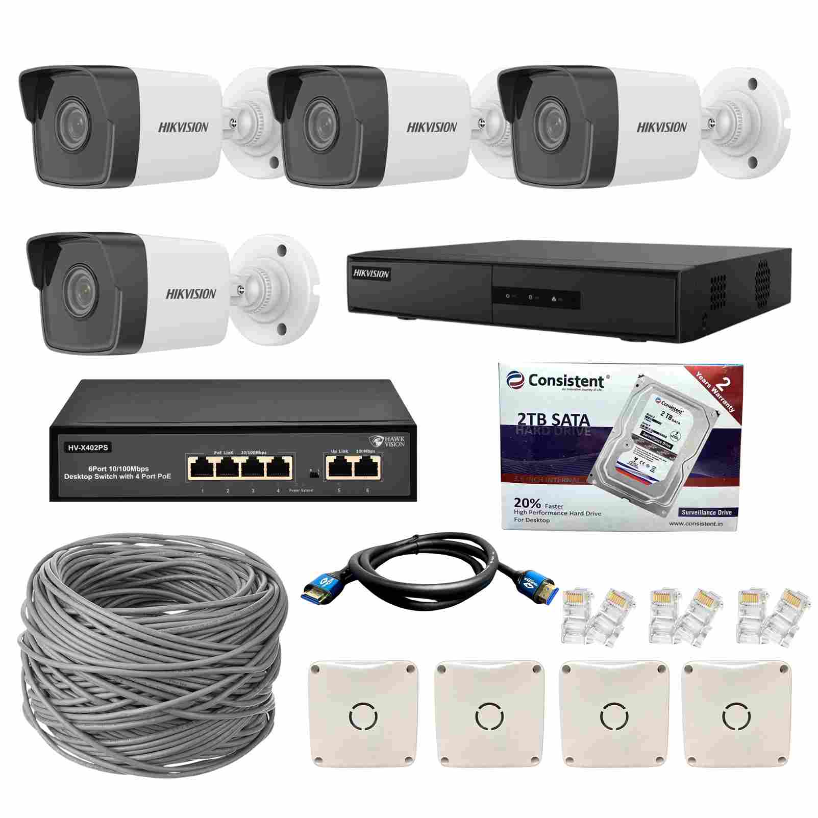 Hikvision 4 Channel NVR DS-7104NI-Q1/M with 2MP IP 4 Bullet DS-2CD1023G0E-I + 2 TB HDD + 1 Roll Cat6 100 Copper meter Cable  + 4 Port POE Switch + 1.5M HDMI Cable + Junction Box 4 Pc & RJ45 10 Pc Full Combo Kit